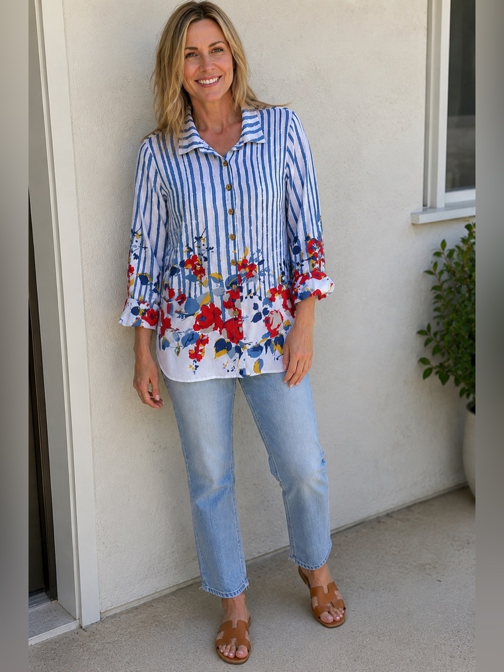 Multiples Blue White Floral Stripe Shirt Button Front Rayon Blouse Women’s | S